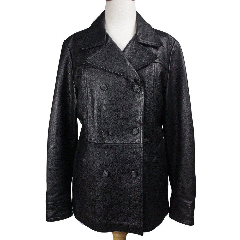 Vintage Skipper Leather Peacoat Women L Black Double Breasted 90s Y2K